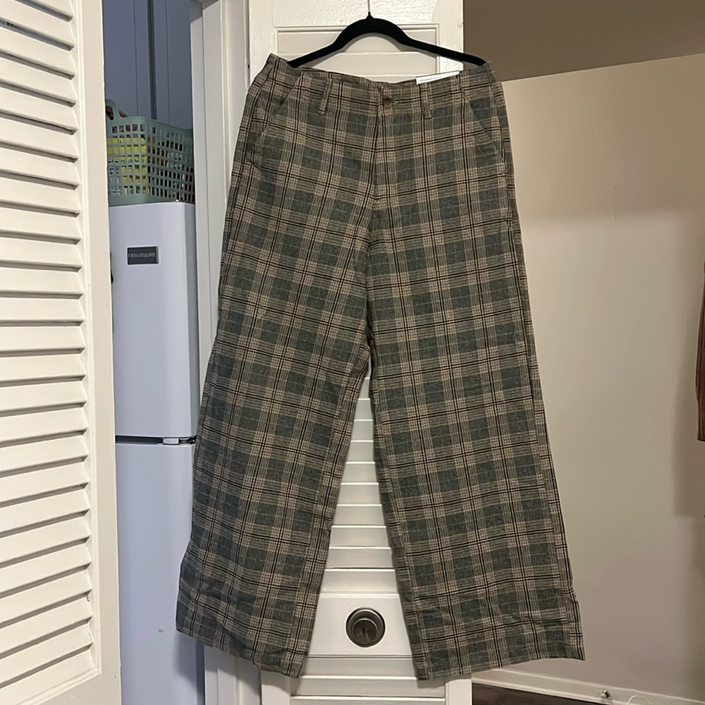 american eagle super high rise wide leg 30 waist regular brown gray blue plaid - Picture 2 of 4